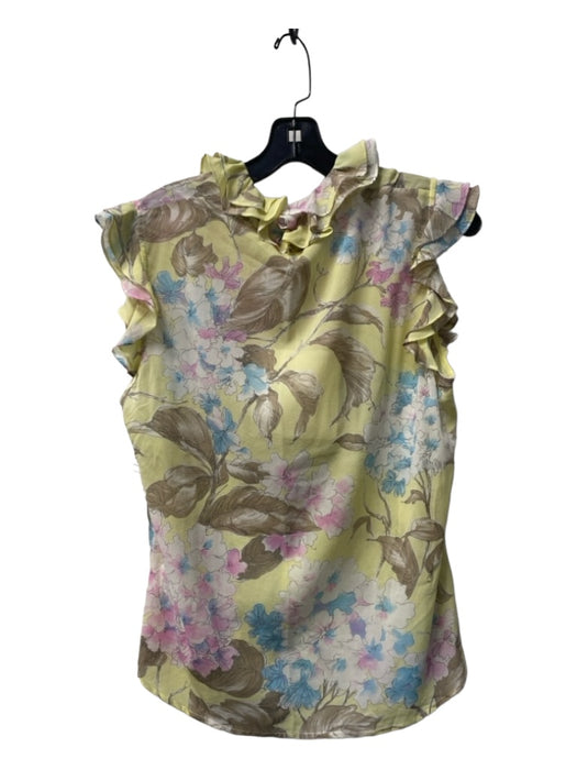 St John Couture Size 12 Yellow & Multi Silk Sleeveless Button Up Floral Top Yellow & Multi / 12