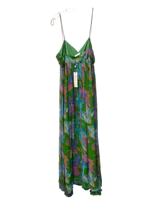 Miguelina Size L Green & Multi Silk V Neck Spaghetti Strap Maxi Lined Dress Green & Multi / L