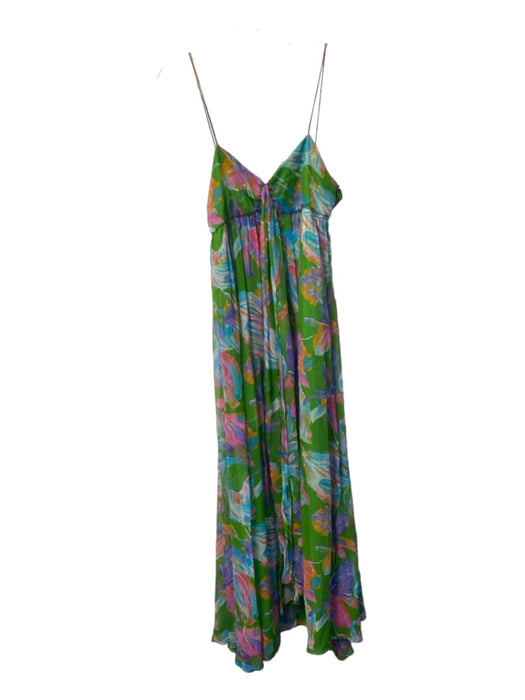 Miguelina Size L Green & Multi Silk V Neck Spaghetti Strap Maxi Lined Dress Green & Multi / L