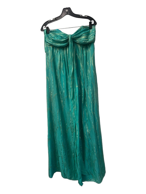 Milly Size 12 Teal & Gold Silk Blend Halter Maxi Back Zip boning Dress Teal & Gold / 12