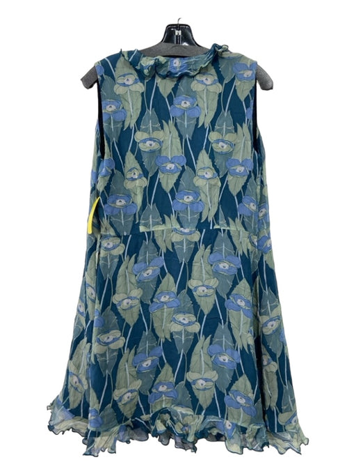 Anna Sui Size 8 Blue Green White Silk Floral Ruffle Trim Sleeveless Wrap Dress Blue Green White / 8