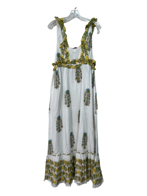 Love The Label Size S White Yellow Green Cotton Floral Ruffle Straps Maxi Dress White Yellow Green / S