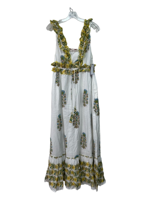 Love The Label Size S White Yellow Green Cotton Floral Ruffle Straps Maxi Dress White Yellow Green / S