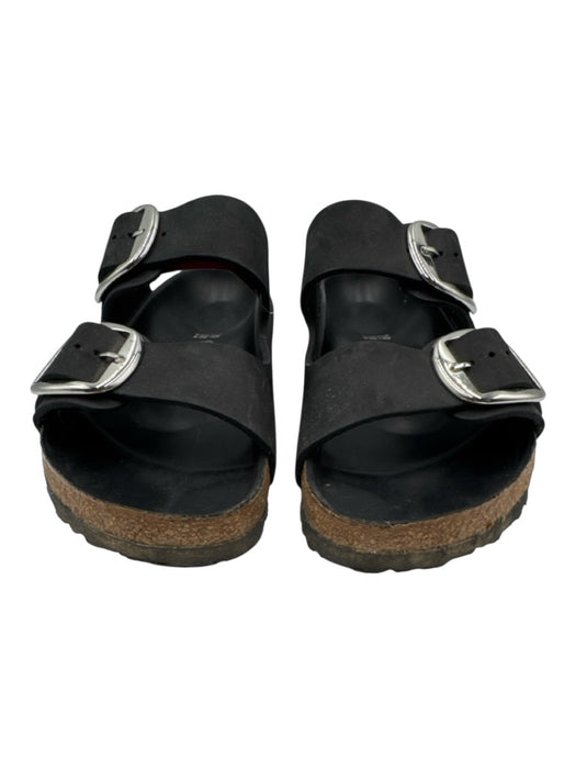 Birkenstock Shoe Size 39 Black Leather Open Double Buckle silver hardware Flats Black / 39