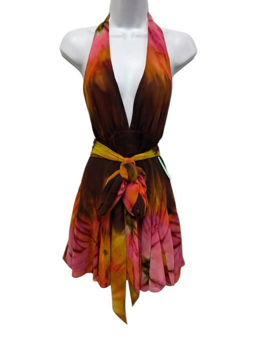 Retrofete Size XS Brown, Pink, Orange Polyester Sleeveless Tie Dye Mini Dress Brown, Pink, Orange / XS