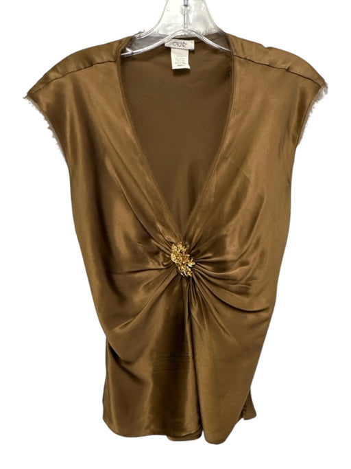 Cache Size S Brown & Gold Silk Cap Sleeve V Neck Brooch Top Brown & Gold / S