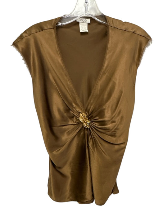 Cache Size S Brown & Gold Silk Cap Sleeve V Neck Brooch Top Brown & Gold / S