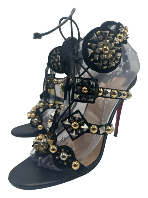 Christian Louboutin Shoe Size 41 Black Gold Silver Suede Studded Tie Ankle Pumps Black Gold Silver / 41