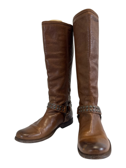 Frye Shoe Size 7 Brown Leather Upper Studded Harness Detail Back Zip Boots Brown / 7