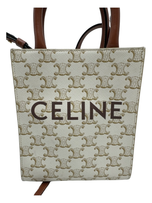 Celine Cream & Brown Coated Canvas & Leather Top Handles Logo Open Top Bag Cream & Brown / Small