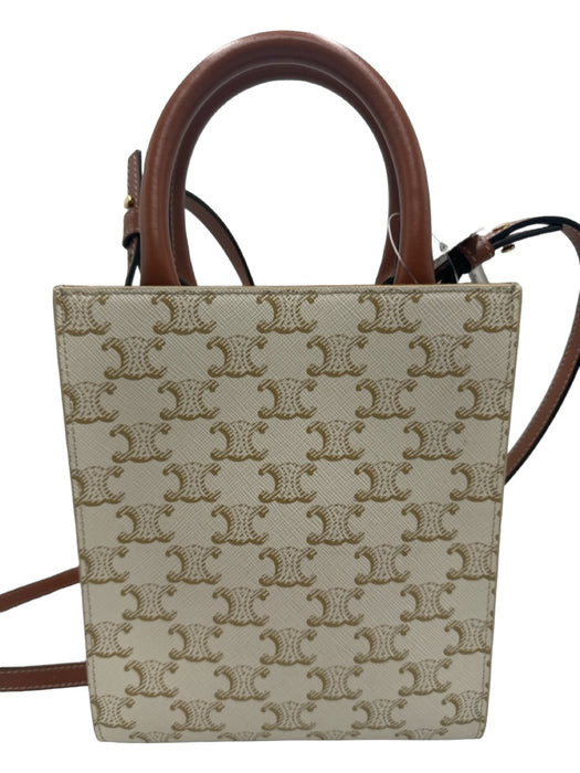 Celine Cream & Brown Coated Canvas & Leather Top Handles Logo Open Top Bag Cream & Brown / Small
