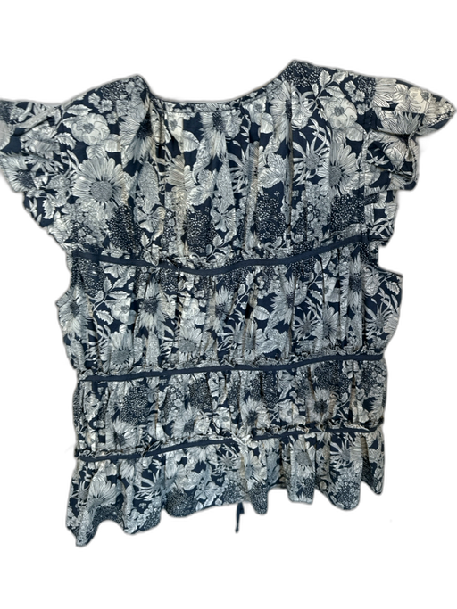Aureum Size L Navy & white Cotton Flutter Sleeves Botanical Front Tie Top Navy & white / L