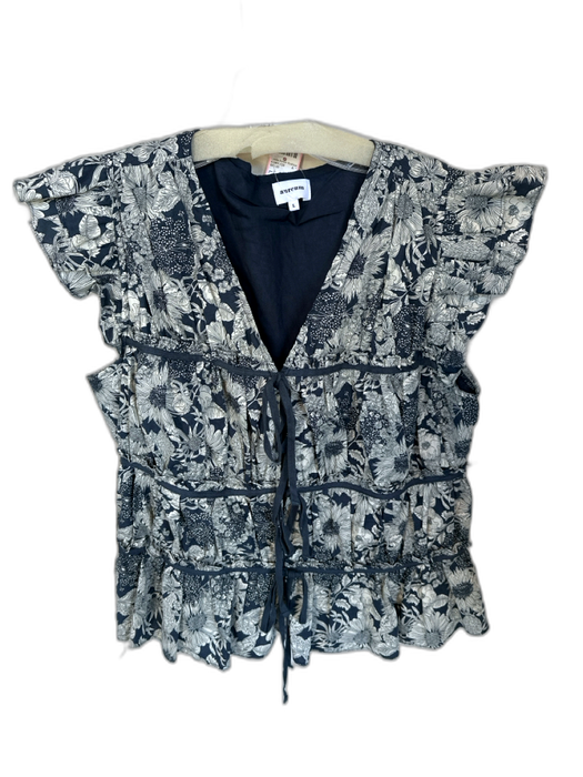 Aureum Size L Navy & white Cotton Flutter Sleeves Botanical Front Tie Top Navy & white / L