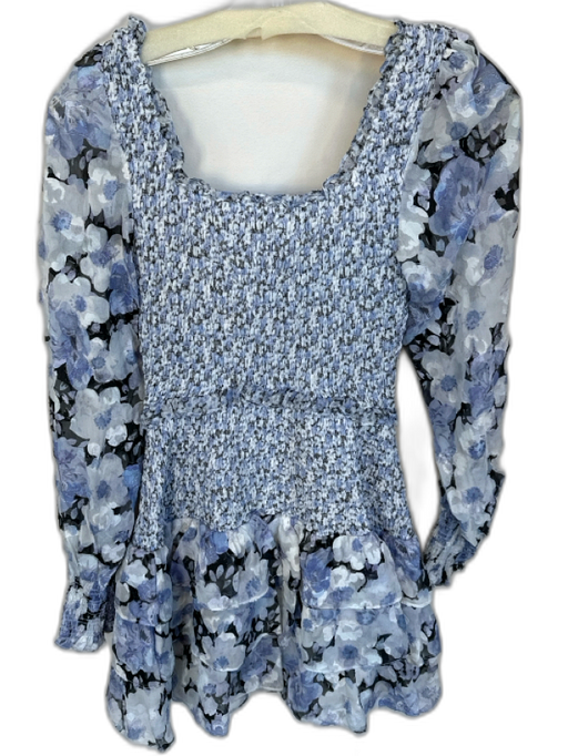 Loveshackfancy Size XS Blue & White Silk Blend Long Balloon Sleeve Flowers Dress Blue & White / XS