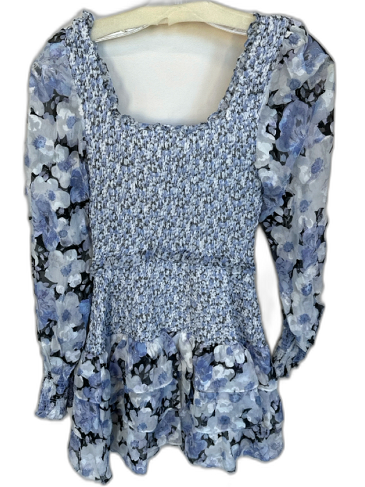 Loveshackfancy Size XS Blue & White Silk Blend Long Balloon Sleeve Flowers Dress Blue & White / XS