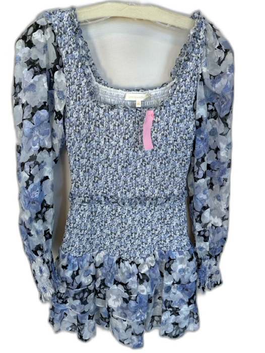Loveshackfancy Size XS Blue & White Silk Blend Long Balloon Sleeve Flowers Dress Blue & White / XS