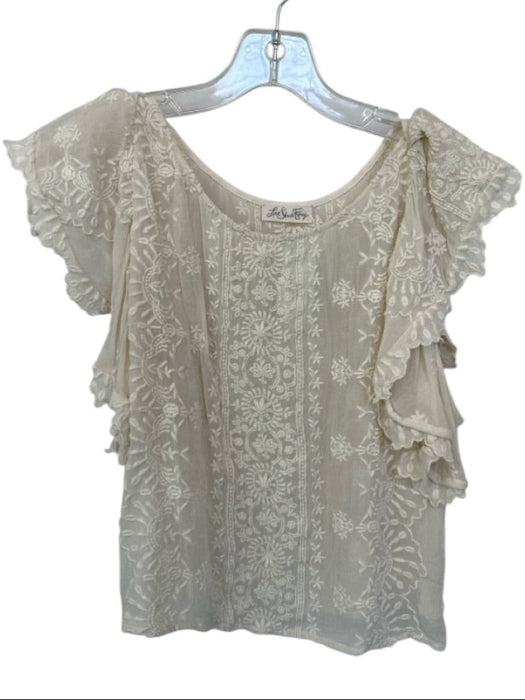 Loveshackfancy Size XS Cream Viscose Short Sleeve Embroidered Top Cream / XS