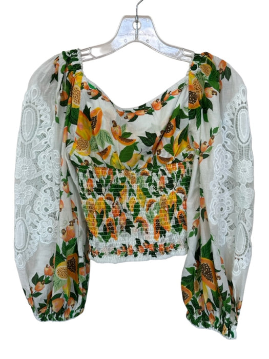 Farm Rio Size S Green & Orange Cotton Long Balloon Sleeve Fruit Lace Cropped Top Green & Orange / S