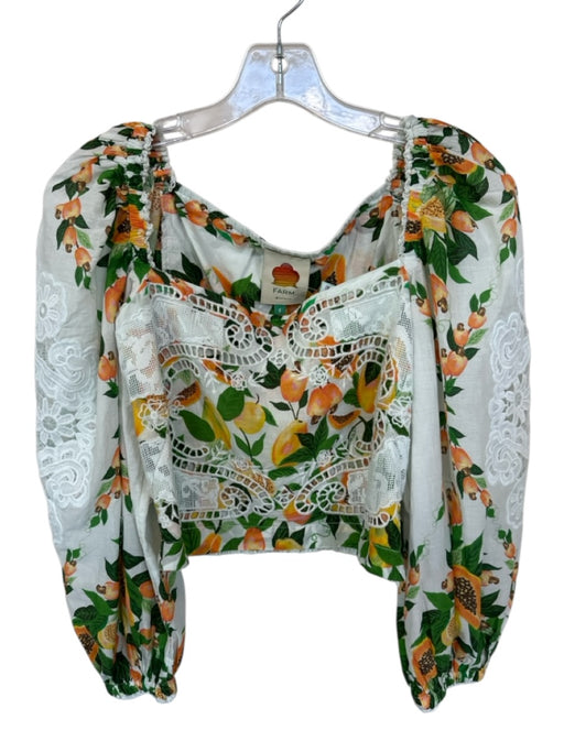 Farm Rio Size S Green & Orange Cotton Long Balloon Sleeve Fruit Lace Cropped Top Green & Orange / S
