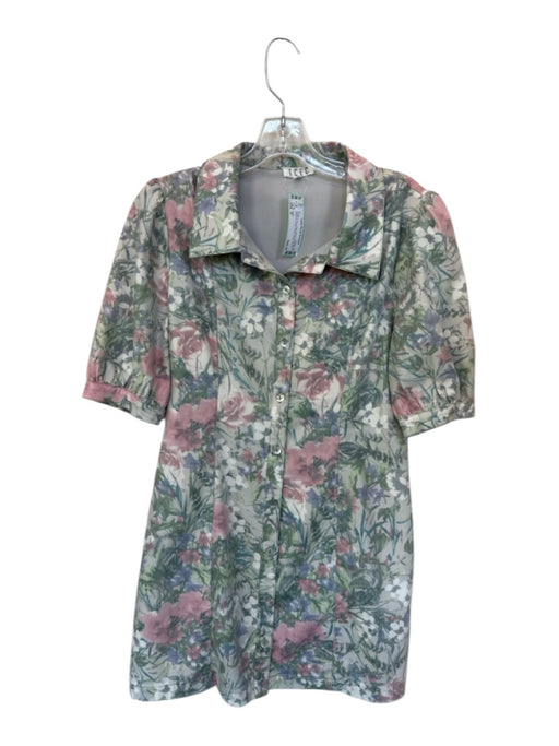 TCEC Size M Green & Pink Cotton Blend Short Sleeve Botanical Collar Dress Green & Pink / M