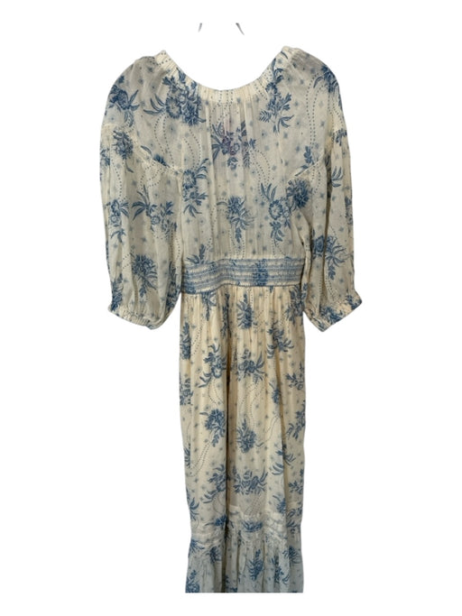 Free People Size S Yellow & Blue Cotton Blend Long Balloon Sleeve Smocked Dress Yellow & Blue / S