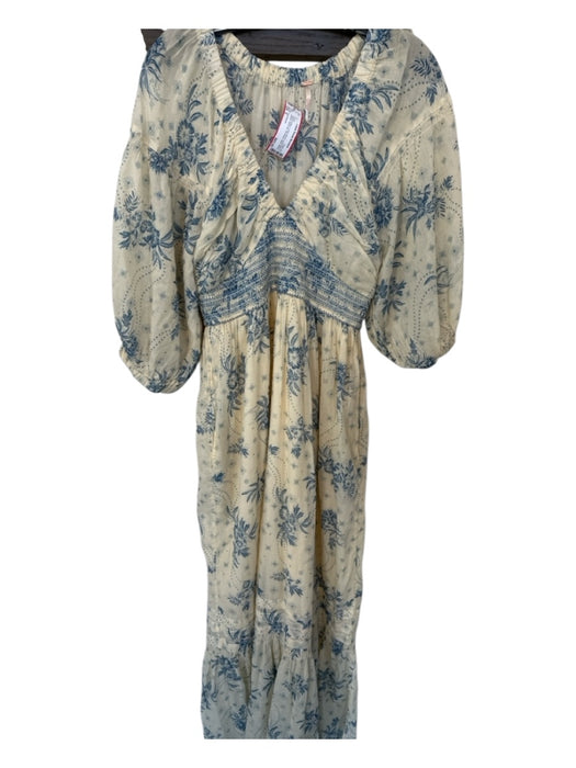 Free People Size S Yellow & Blue Cotton Blend Long Balloon Sleeve Smocked Dress Yellow & Blue / S