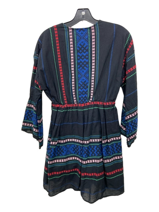 Joie Size S Black Red Blue Cotton Embroidered V Neck Long Balloon Sleeve Dress Black Red Blue / S