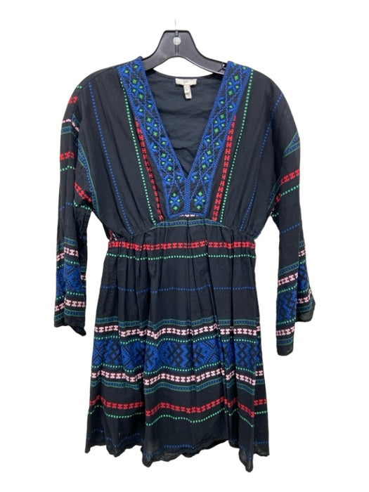 Joie Size S Black Red Blue Cotton Embroidered V Neck Long Balloon Sleeve Dress Black Red Blue / S