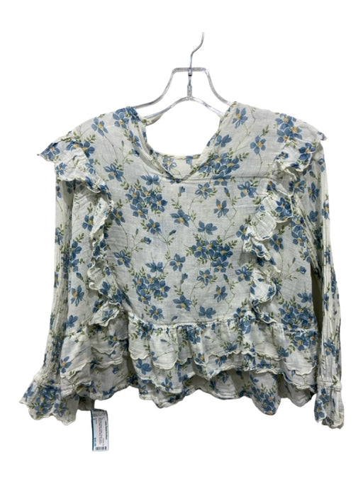 The Great Size S White Blue Green Cotton Floral Long Sleeve Ruffle Top White Blue Green / S