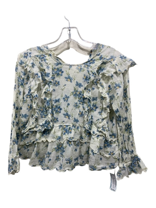 The Great Size S White Blue Green Cotton Floral Long Sleeve Ruffle Top White Blue Green / S