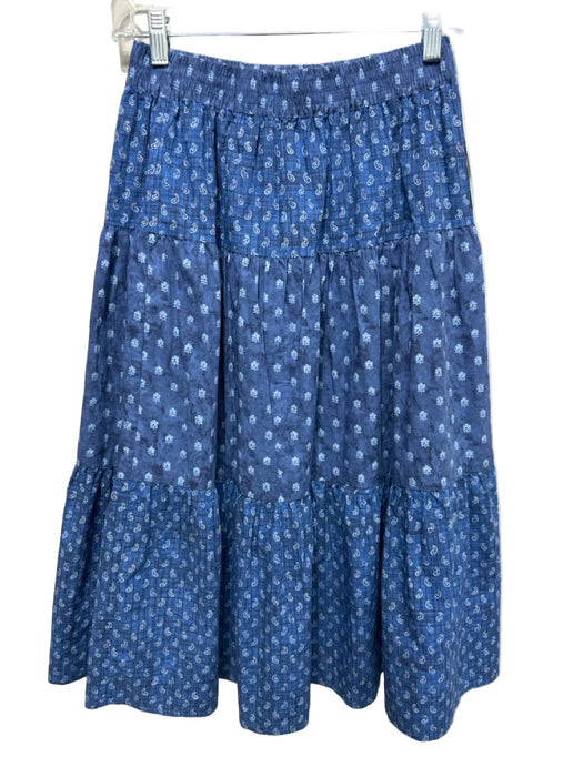 Margaret O'leary Size S Blue Cotton Paisley Tiered Elastic Waist Midi Skirt