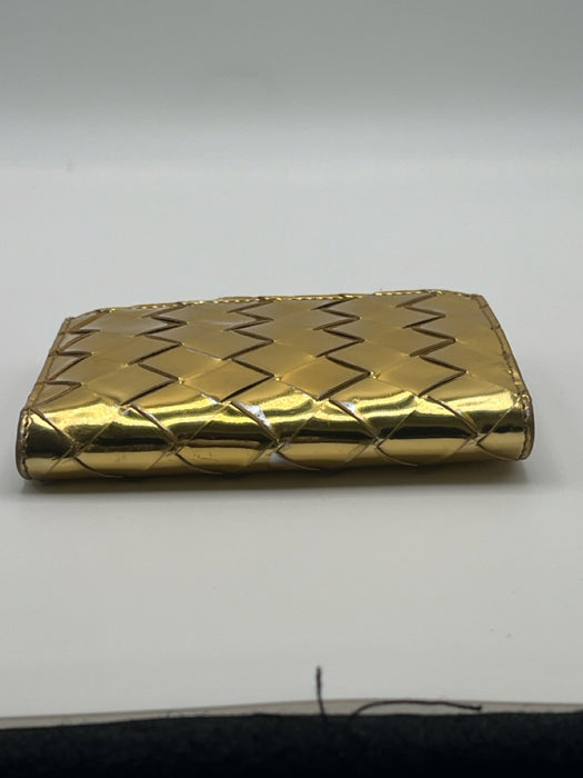 Bottega Veneta Gold Leather Snap Closure Woven Metallic Card Slots Wallets