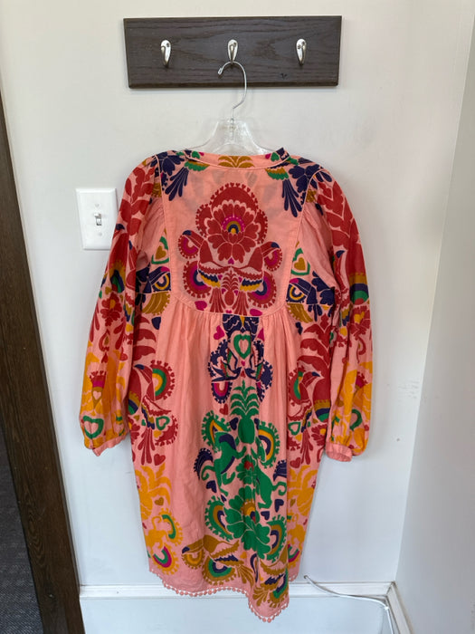 Farm Rio Size M Peach & Multi Cotton Long Balloon Sleeve Hearts Lace Trim Dress