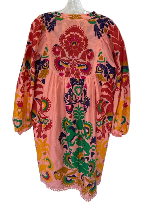 Farm Rio Size M Peach & Multi Cotton Long Balloon Sleeve Hearts Lace Trim Dress