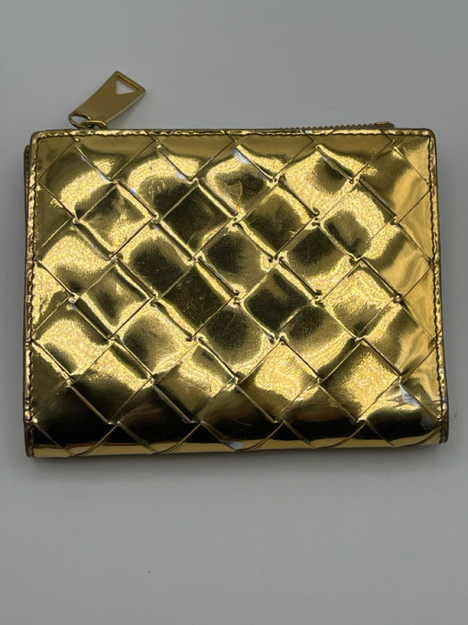 Bottega Veneta Gold Leather Snap Closure Woven Metallic Card Slots Wallets