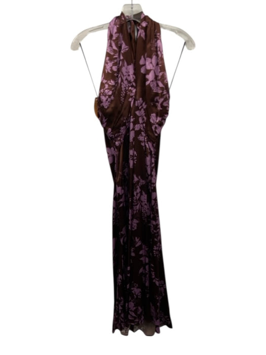 Reformation Size 4 Brown & Purple Silk Halter Tie Neck Floral Back Zip Dress Brown & Purple / 4