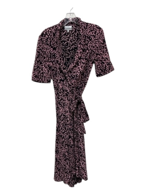 Ganni Size S / 38 Black & Purple Viscose Floral Midi Wrap Dress Black & Purple / S / 38
