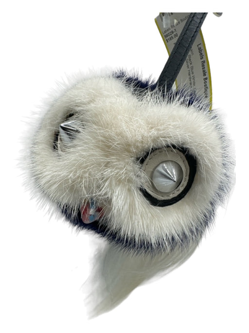 Fendi Black Blue White Leather & Synthetic Silver Hardware Owl Fuzzy Keychain Black Blue White