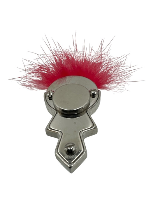 Fendi Silver & Red Silver Tone Metal Figure Magnetic Close Fuzzy Detail Brooch Silver & Red