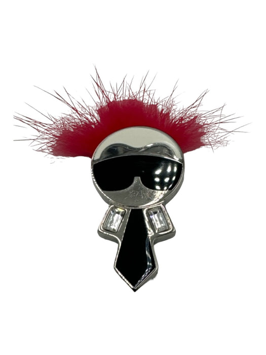 Fendi Silver & Red Silver Tone Metal Figure Magnetic Close Fuzzy Detail Brooch Silver & Red