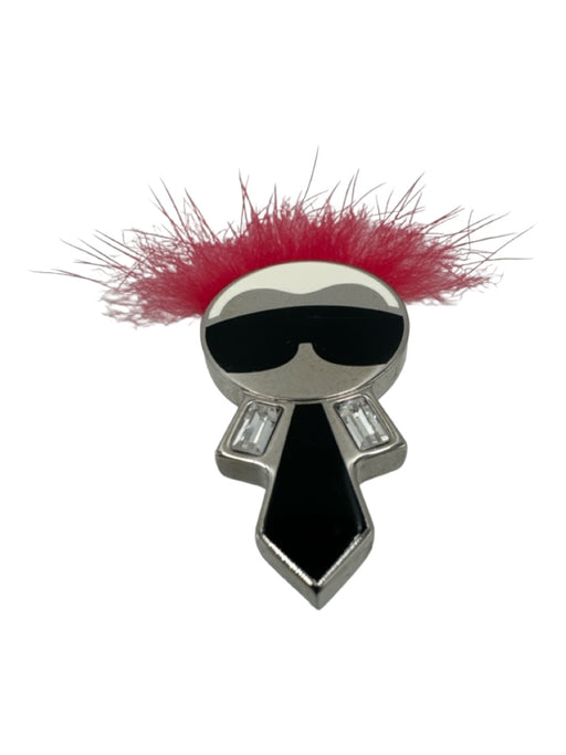 Fendi Silver & Red Silver Tone Metal Figure Magnetic Close Fuzzy Detail Brooch Silver & Red