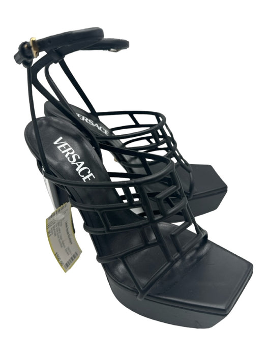 Versace Shoe Size 38.5 Black Leather Caged Platform Square Toe Pumps Black / 38.5
