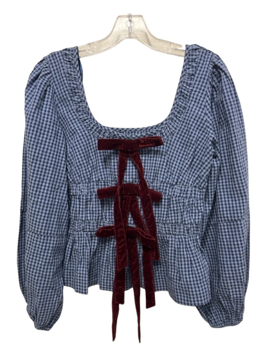 Damson Madder Size 8 Blue & Burgundy Cotton Gingham Bow Detail Long Sleeve Top Blue & Burgundy / 8