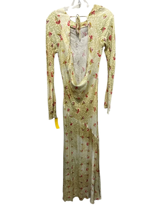 BHLDN Size XS Yellow, Green, Red Viscose Long Sleeve Floral Open Back Gown Yellow, Green, Red / XS