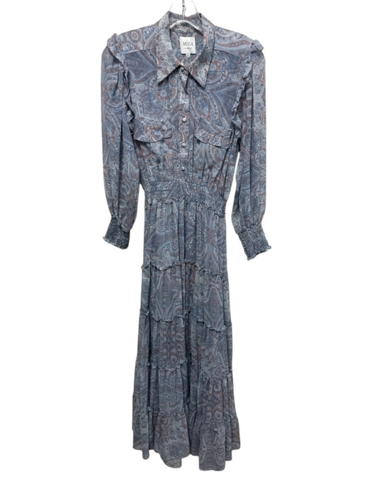Misa Size XS Blue, Orange, White Viscose Long Sleeve Floral Paisley Dress Blue, Orange, White / XS