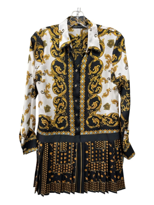 Zara Size XS White, Black & Yellow Polyester Long Sleeve Ornate Button Up Dress White, Black & Yellow / XS