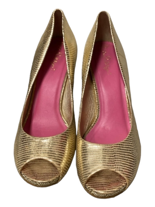 Lilly Pulitzer Shoe Size 9 Gold Leather Peep Toe Wedge Metalic Pump Shoes Gold / 9