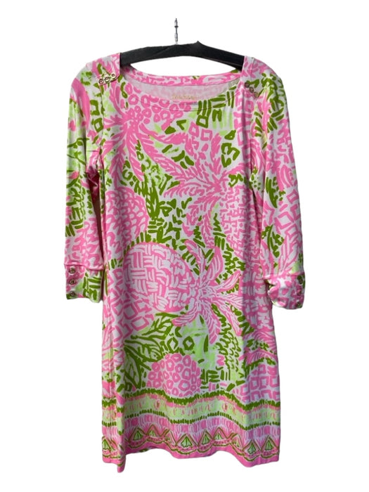 Lily Pulitzer Size M White Green & Pink Rayon Blend Boat Neck 3/4 Sleeve Dress White Green & Pink / M