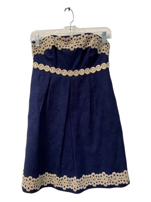 Lilly Pulitzer Size 0 navy & gold Cotton Strapless Embroider Detailing Dress navy & gold / 0