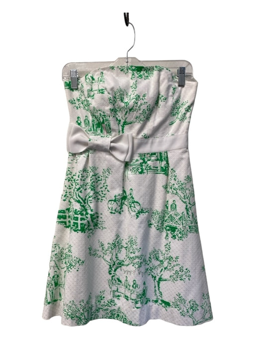Lilly Pulitzer Size 0 Green & White Cotton Strapless Bow Detail Back Zip Dress Green & White / 0